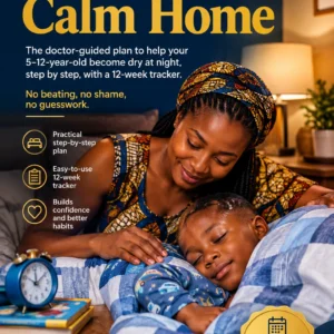 Dry Nights, Calm Home guide cover: a mother gently comforting her sleeping child