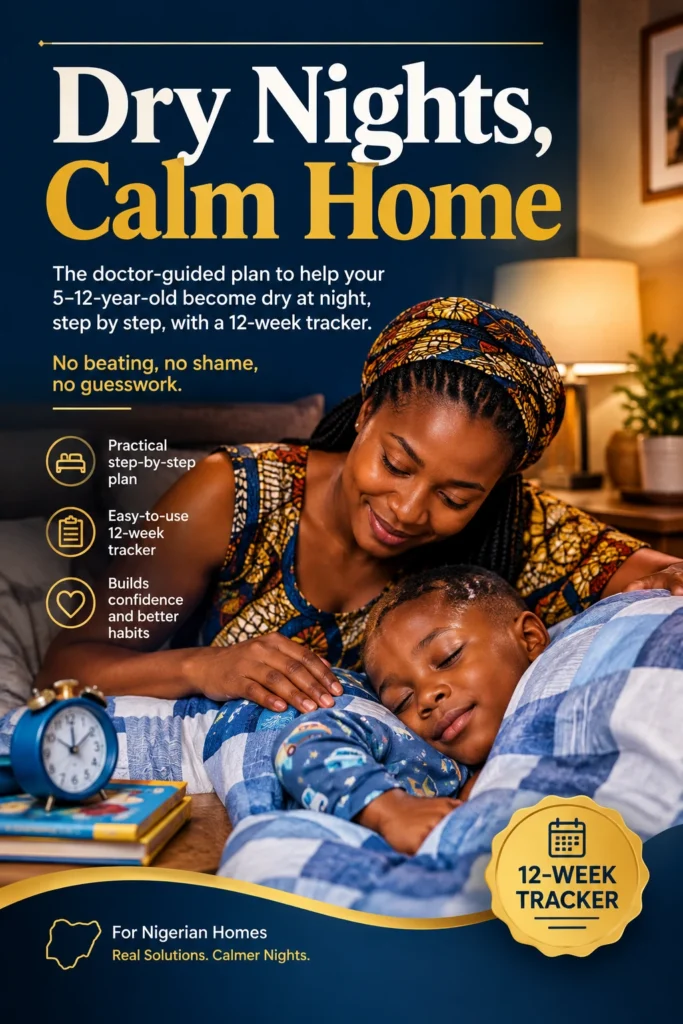 Dry Nights, Calm Home guide cover: a mother gently comforting her sleeping child