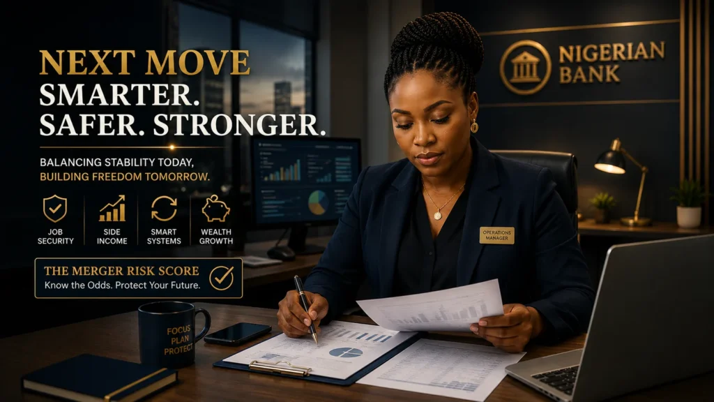 Nigerian bank operations manager reviewing financial documents at her desk