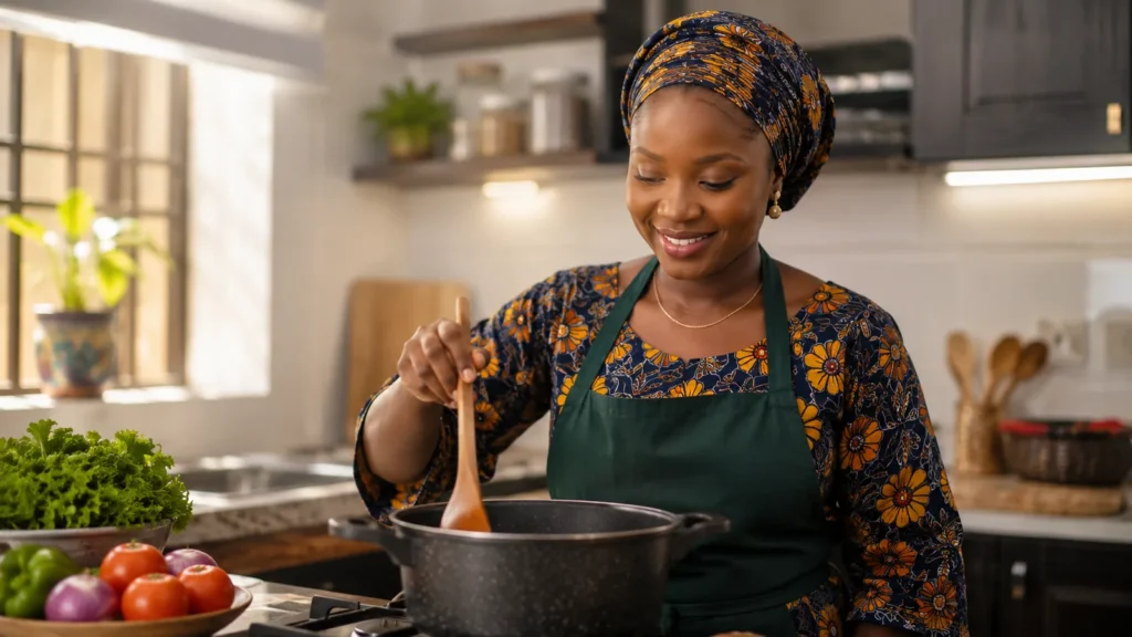 Mother preparing a family meal in her kitchen