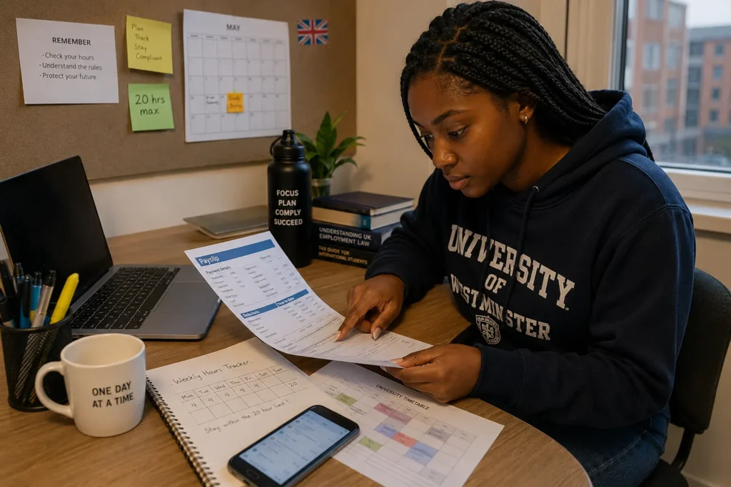 International student reviewing work schedules, payslips and a weekly hours tracker
